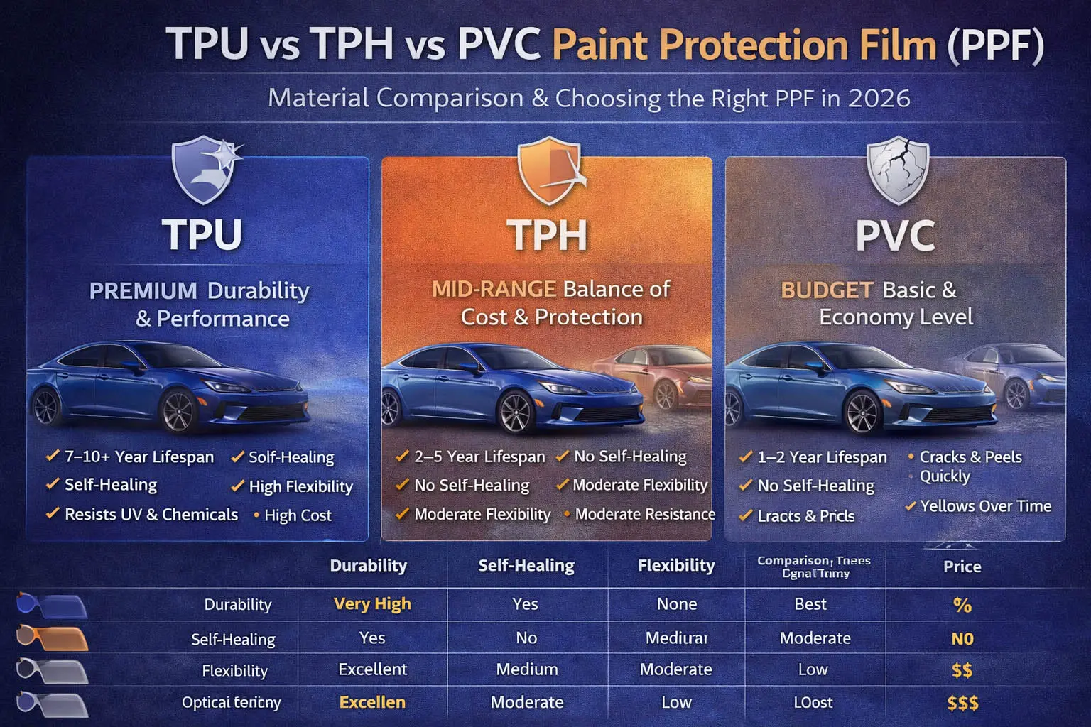 TPU vs TPH vs film de protection pour peinture PVC (PPF): Comparaison des matériaux et comment choisir 2026