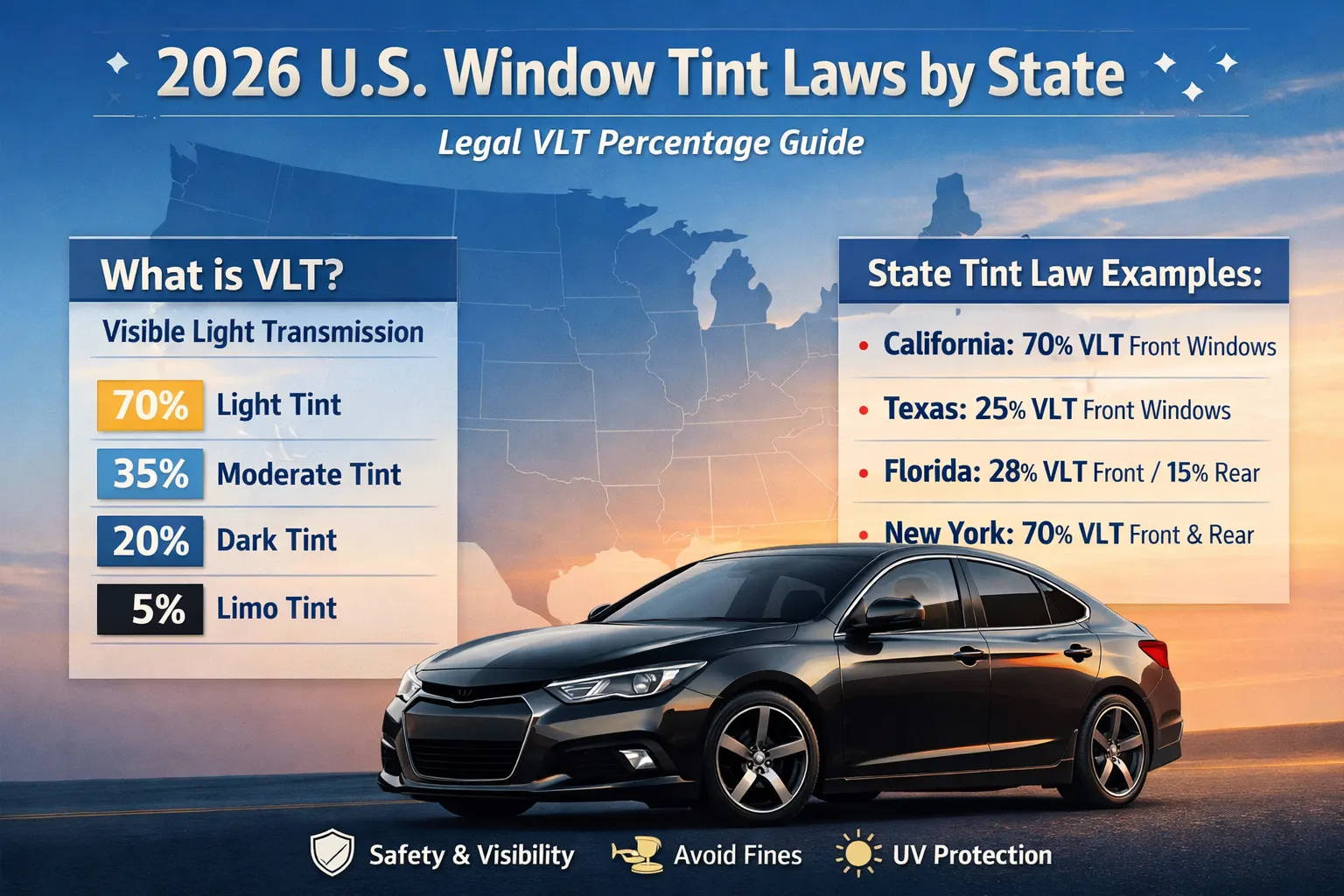 2026 États-Unis. Lois sur la teinte des vitres par État: Guide des pourcentages légaux de VLT
